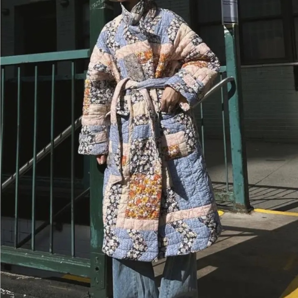 Women's Fall Winter New Belted Long Quilted Print Jacket Coat /Outerwear, Lapel